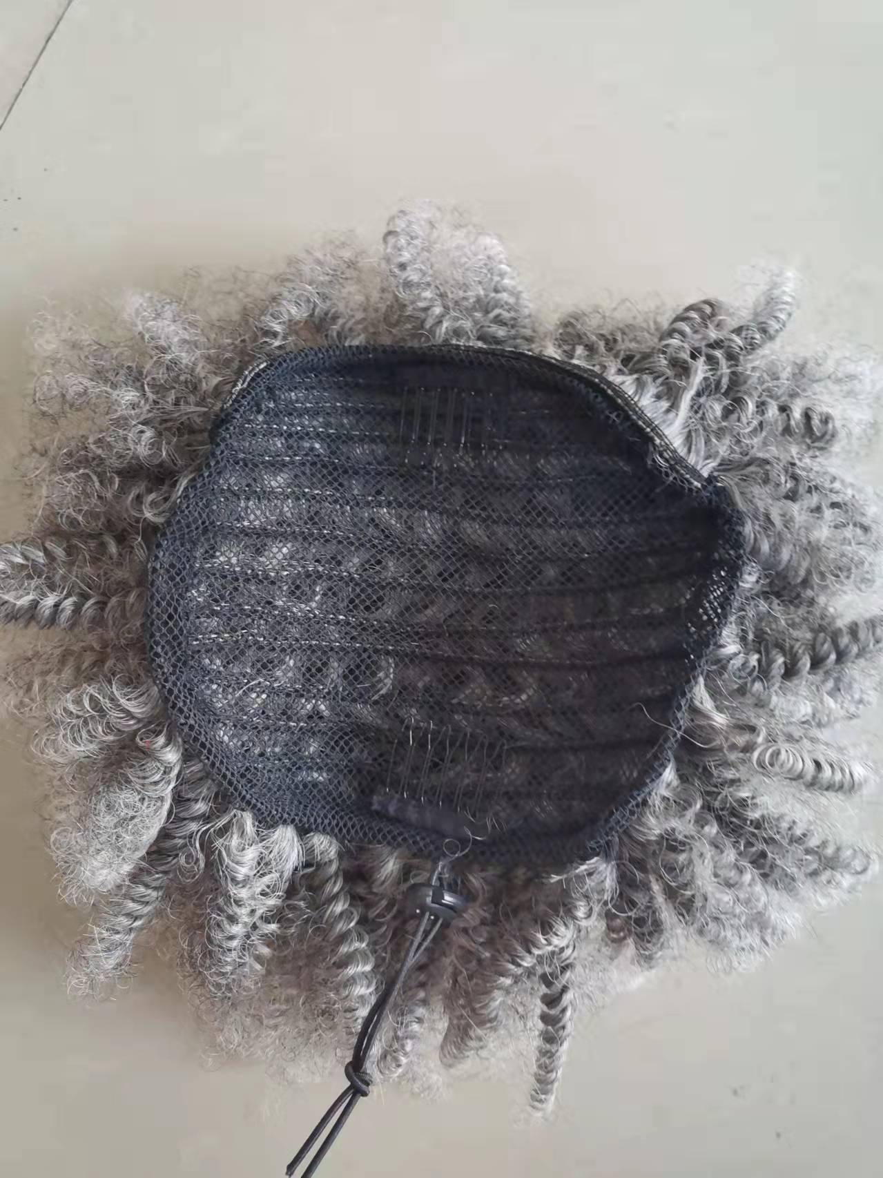 Short afro silver grey hair kinky curly bun ponytail hairpiece drawstring more whitish gray african extension fashion for young 100g 120g 140g