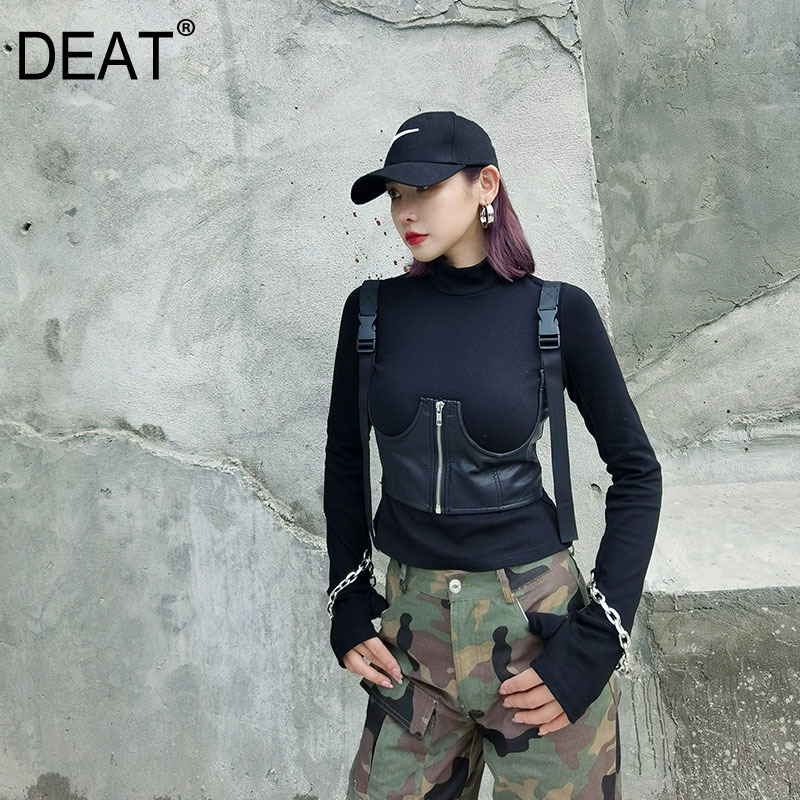 DEAT Women Black High Street Hollow Halter Tank Tops New V-collar Sleeveless Personality Fashion Tide Spring Autumn GX142 210428