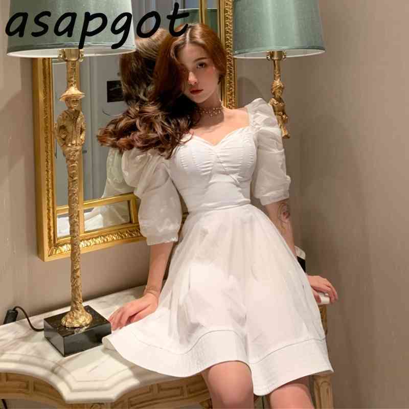 Retro Palace Style V Neck Puff Sleeve White Dress Women Loose Short Black Birthday Vestidos Mujer Party Fashion Simple 210429