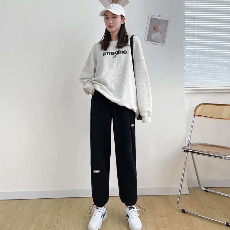 Gray Wide-Legged Pants Women 's Spring Autumn Straight High Waist Drooping Leisure Outerwear Sweatpants Korean Style Pants 210515