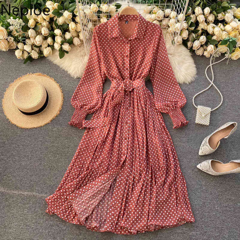 Neploe Korean Woman Dress Polka Dot Long Robe Lantren Sleeve Vestidos High Waist Lace Up Chiffon Pleated Women Clothes Dresses 210422