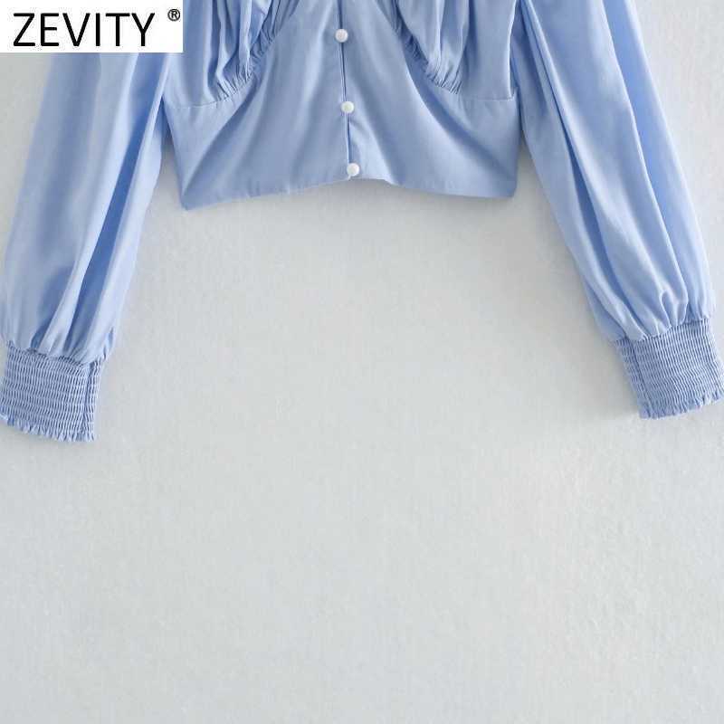 Zevity French Style Women V Neck Solid Color Short Shirt Femme Puff Sleeve Hem Elastic Pleated Slim Blouse Chic Crop Tops LS9347 210603
