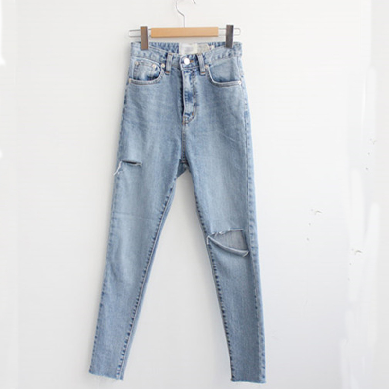 High Waist Stretch Jeans Women's Clothing Summer Blue Denim Simple Ripped Holes Skinny Casual Female Trousers 10406 210518