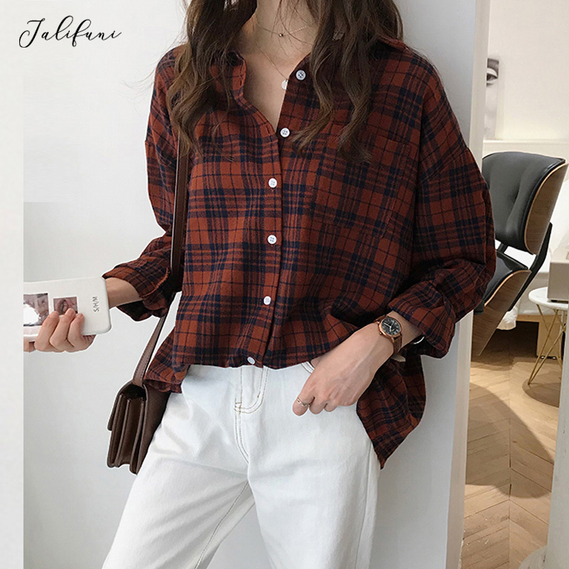 Plus Size Women Blouses Korean Style Vintage Plaid Shirts Tops Button Up Casual Loose Oversized Long Sleeve Shirt Fashion 210415
