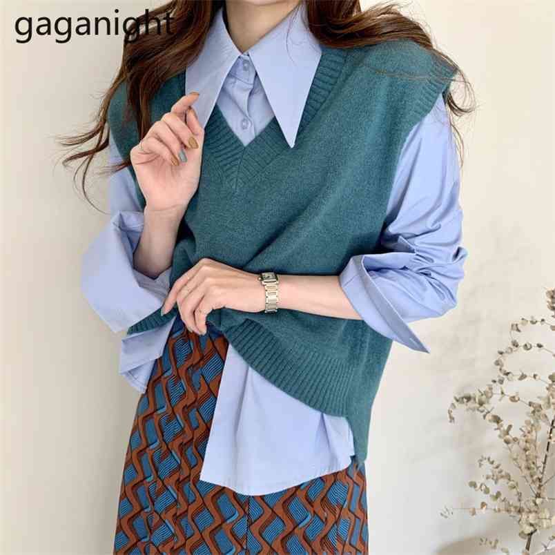Casual Women Two Pieces Set Long Sleeve Solid Shirt Loose Knitted Vest Office Lady 2 Outfits Spring Suits 210601