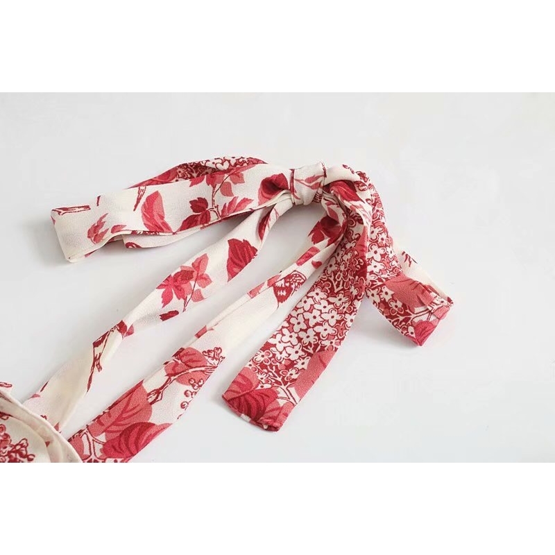 French Floral Print Bandage Spaghetti Strap Ruffles Hem Midi Dress Retro Sexy Women Tie Bow Sling Slit Summer Vestido 210429