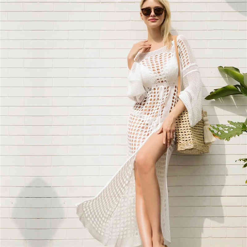 Crochet Tunic Beach Dress Cover-ups Summer Women Beachwear Sexy Hollow Out Knitted Swimsuit Cover Up Robe de plage #Q716 210420