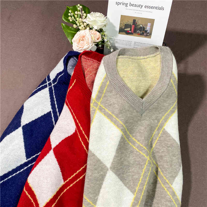 Colorfaith New Women's Autumn Winter Knitwear V-Neck Pullover Argyle Korean Oversize Elegant Vintage Lady Jumpers SW1160JX 210413