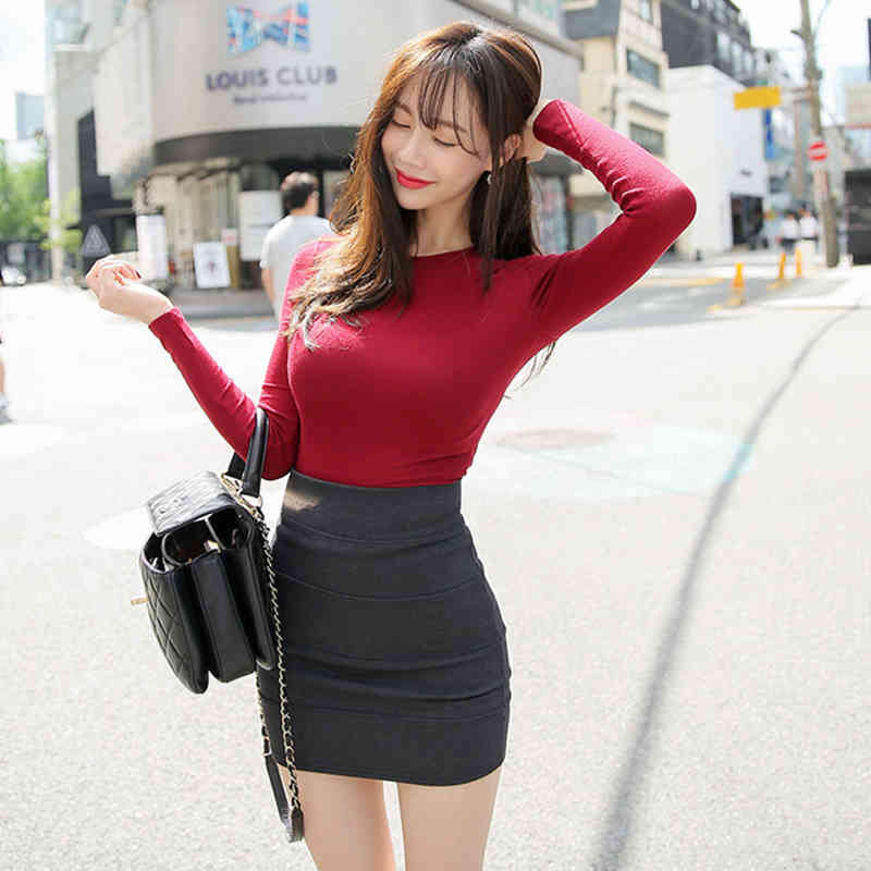 T Shirt Korean Style Slim T-shirts Sexy Tshirts Cotton Long Sleeve Summer Tops Tee Shirt Femme Khaki Blue White Black 210406
