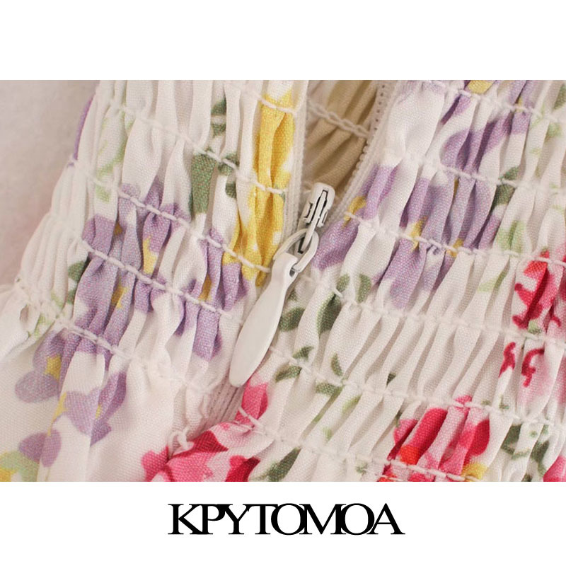 Women Chic Fashion Floral Print Smocked Midi Dress Puff Sleeves Side Zipper Slit Female Dresses Vestidos 210420