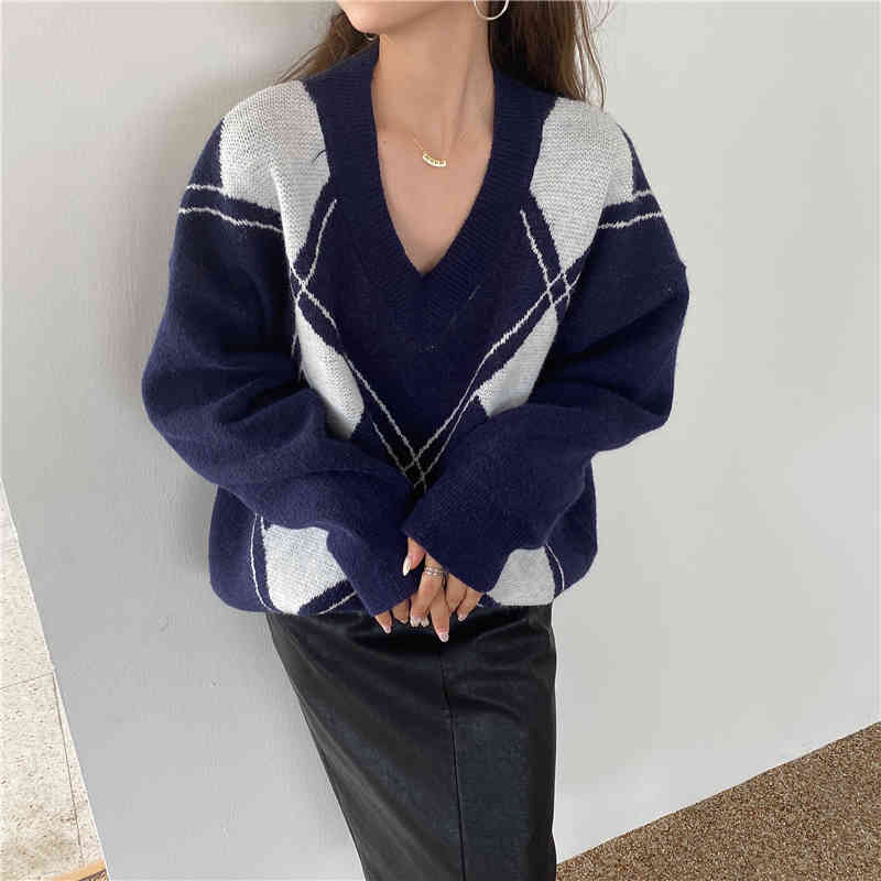 Colorfaith New Women's Autumn Winter Knitwear V-Neck Pullover Argyle Korean Oversize Elegant Vintage Lady Jumpers SW1160JX 210413