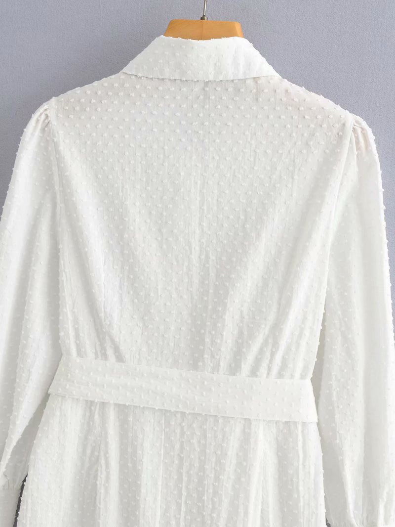 Women Lapel Long Sleeve White Dress with Belt Vintage Loose Single Breasted Stitching Chic Female Dresses Mujer 210507
