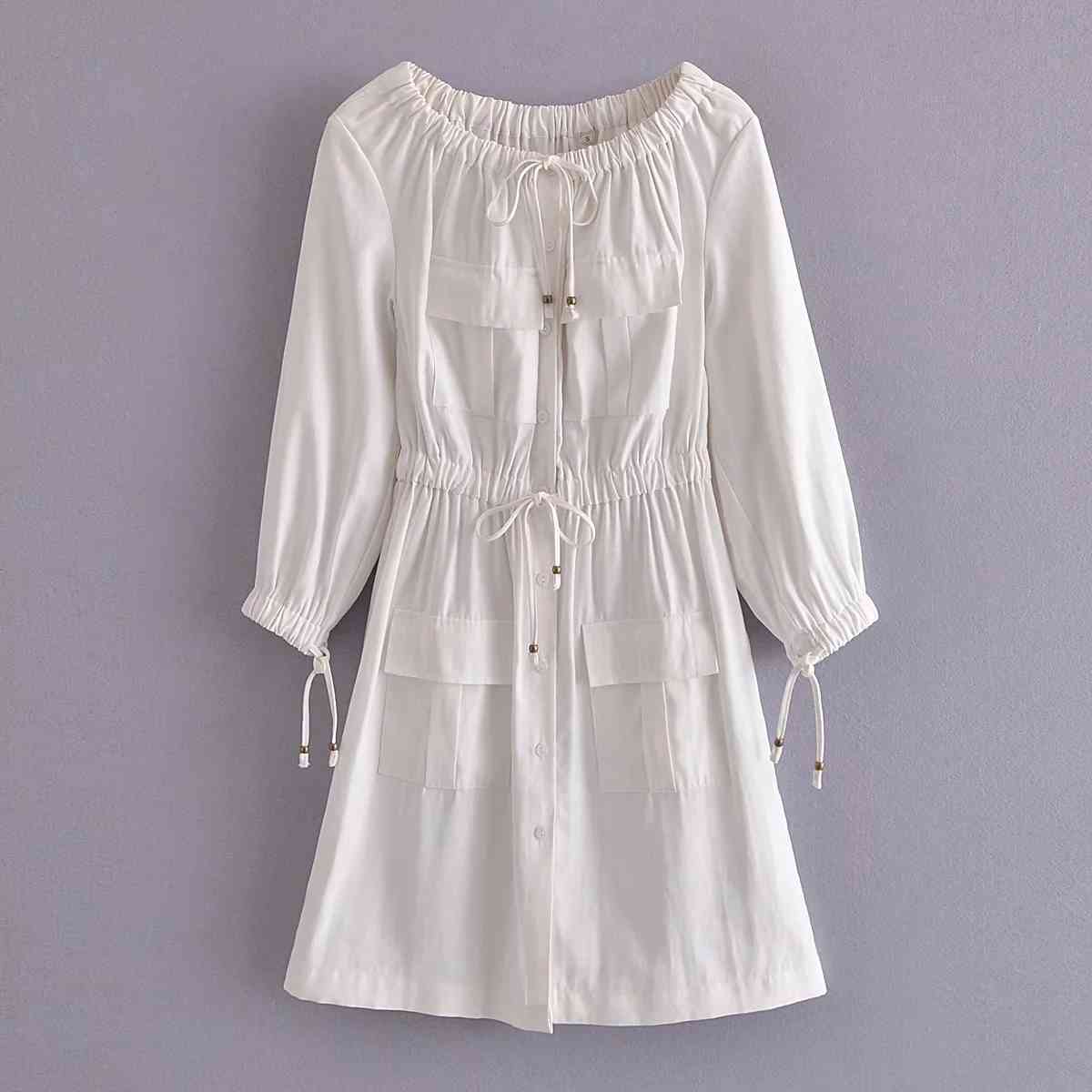 Casual White Cotton Dress Pockets Women Off Shoulder Long Sleeve Spring Summer Short Dress Button Up Dress Female Punk 210415