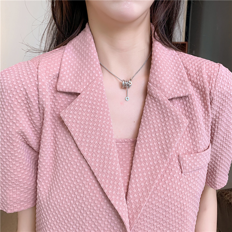 Korean Spring Fashion Two Piece Set Women Notched Short Sleeve Crop Top +Suspender Sexy Mini Dress Outfits 210519