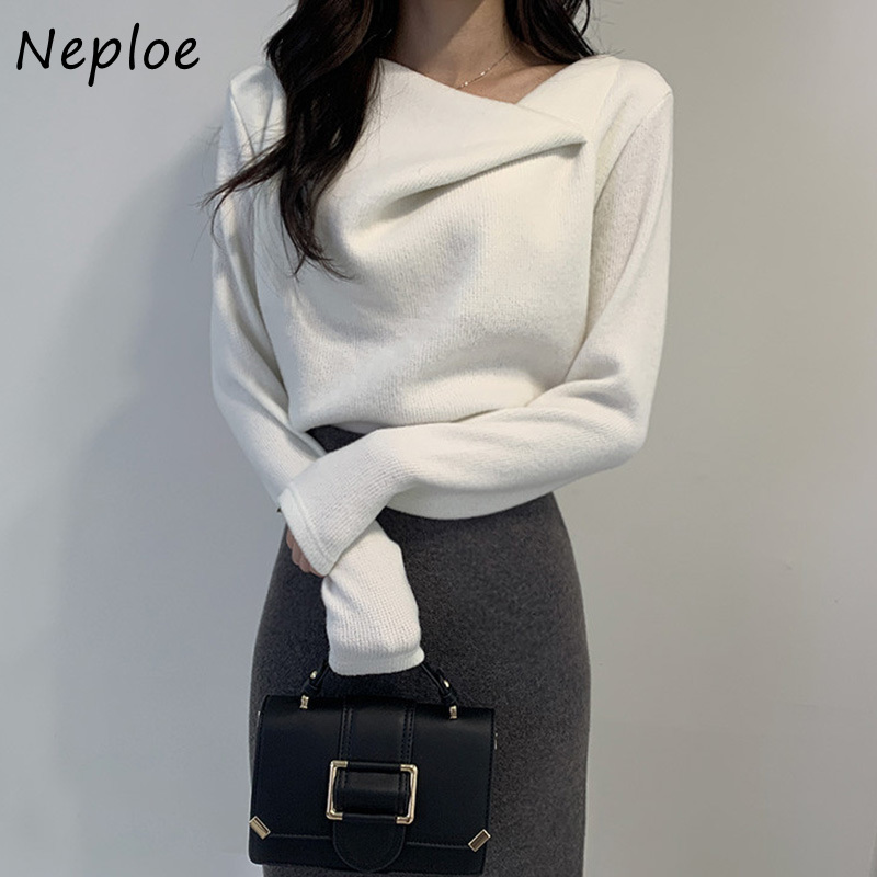 Neploe Skew Collar Irregular Knitted Sweater Women Chic Autumn Winter Elegant Femme Pullovers Solid Color Simple All-match Tops 210423