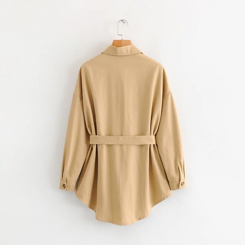 Solid Women Patch Pocket Sashes Oversize Shirt Leisure Lady Long Sleeves Blouse Autumn Female Loose Tops S6071 210430Z