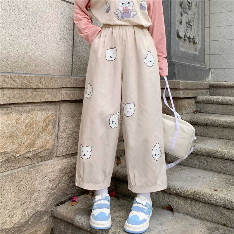 Japanese Kawaii Soft Girl Cute Bear Printing Women Pants Basis Wild High Waist Loose Trousers Elastic Waist Casual Student Pant 211006