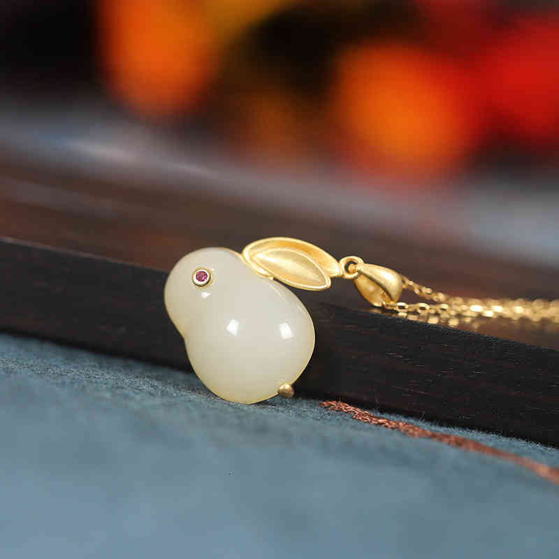 S925 Silver Plated Hetian Jade Pendant Lovely Temperament Rabbit Children's Earrings Bracelet Ring Necklace Set