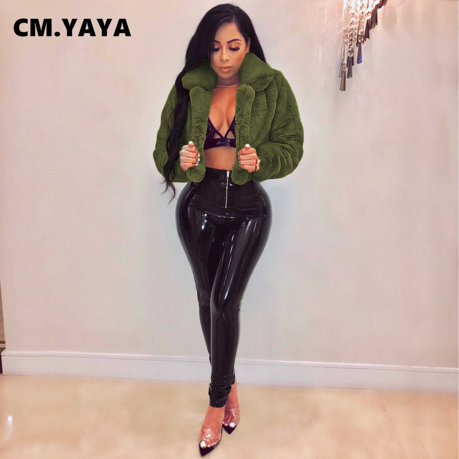 CM.YAYA Winter Women Faux Fur Solid Jackets Streetwear Fashion Long Sleeve Open Stitch Slim Coats 211019