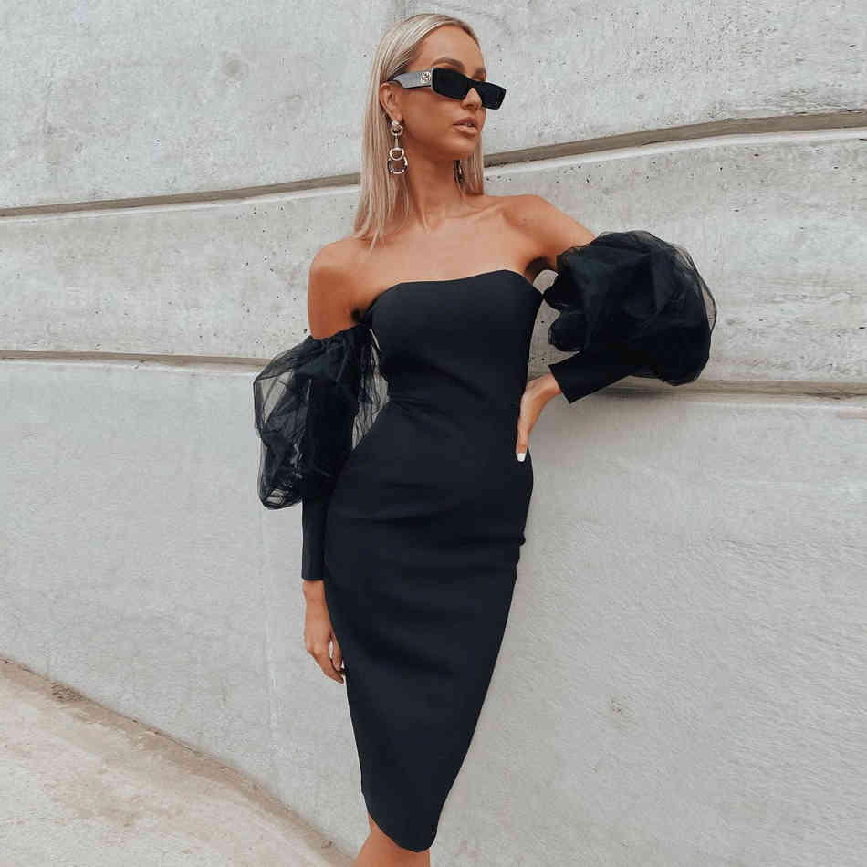 Winter Women Off Shoulder Black Bandage Dress Sexy Lace Long Lantern Sleeve Club Celebrity Runway Party Bodycon 210423