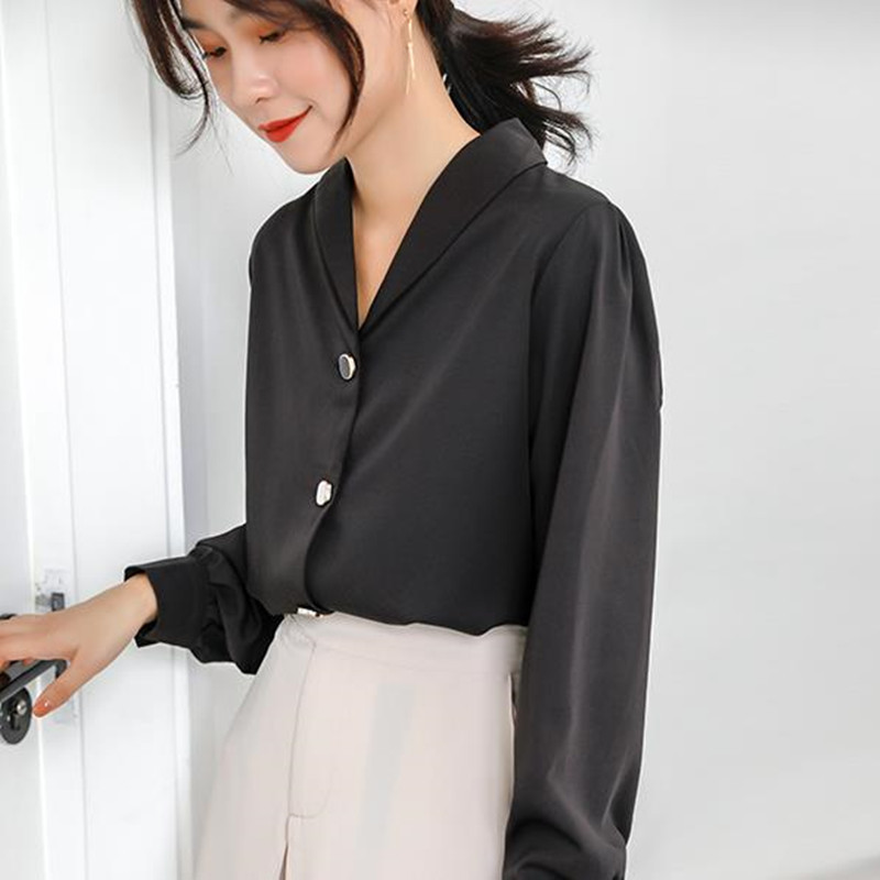 OL Elegant Career Shirt Autumn V-neck Solid Long-sleeved Loose Formal Chiffon Blouses Plus Size Women Clothing 210421