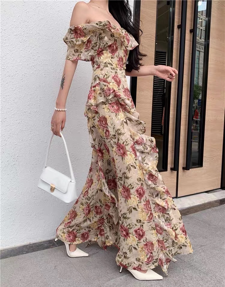 victorian flower printed slash neck sweet elegant maxi asymmetrical ruffles high quality dresses christmas 210421