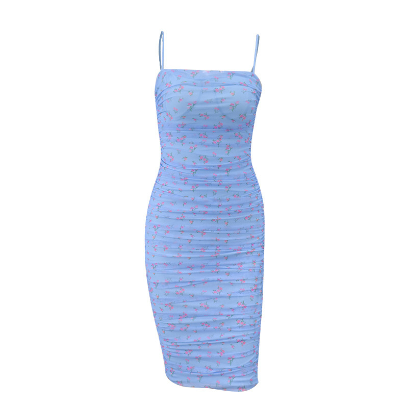 Drapped Tulle Pencil Bodycon Dress Women Strap Sleeveless Shealth Club Party Midi Blue Sexy Floral Boho Summer 210427