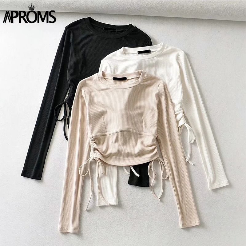 Aproms Elegant Ribbed Knitted Long Sleeve T-shirt Women Autumn Winter Drawstring Ruched Basic Crop Top Streetwear Bodycon Tshirt 210406