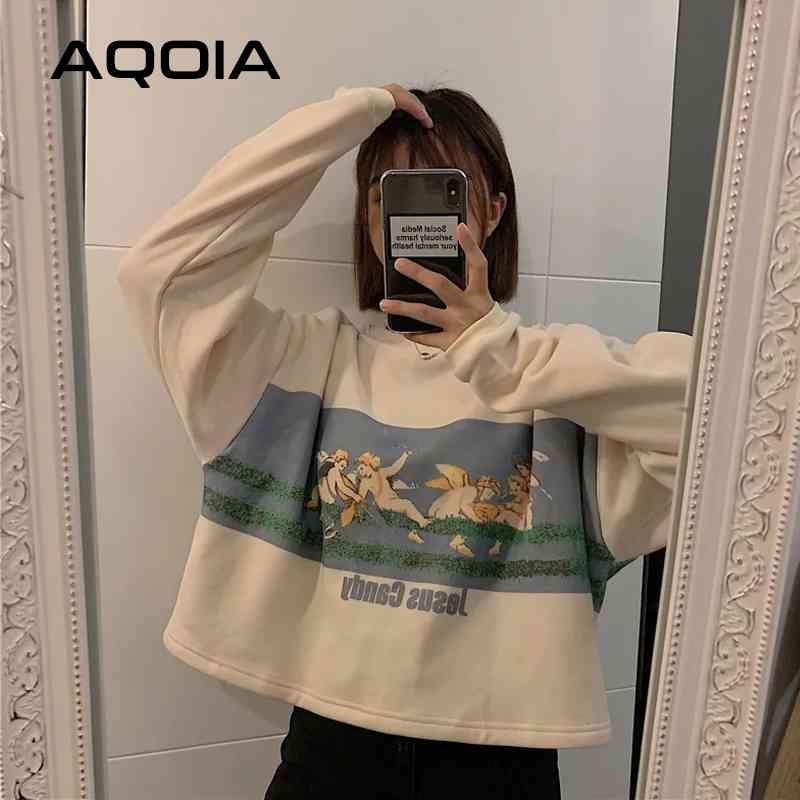 Autumn Vintage Cupid angel Printing Cotton Women Sweatshirt Loose Short Hoodies Fashion Female Pullovers 210521, Apricot
Autumn Vintage Cupid angel Printing Cotton Women Sweatshirt Loose Short Hoodies Fashion Female Pullovers 210521, Apricot