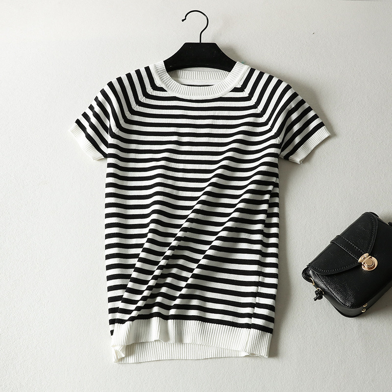 Lizkova Summer Knitted Striped T-shirt Women Korean Cute Short Sleeve Tops Harajuku style Streetwear Clothes 210406