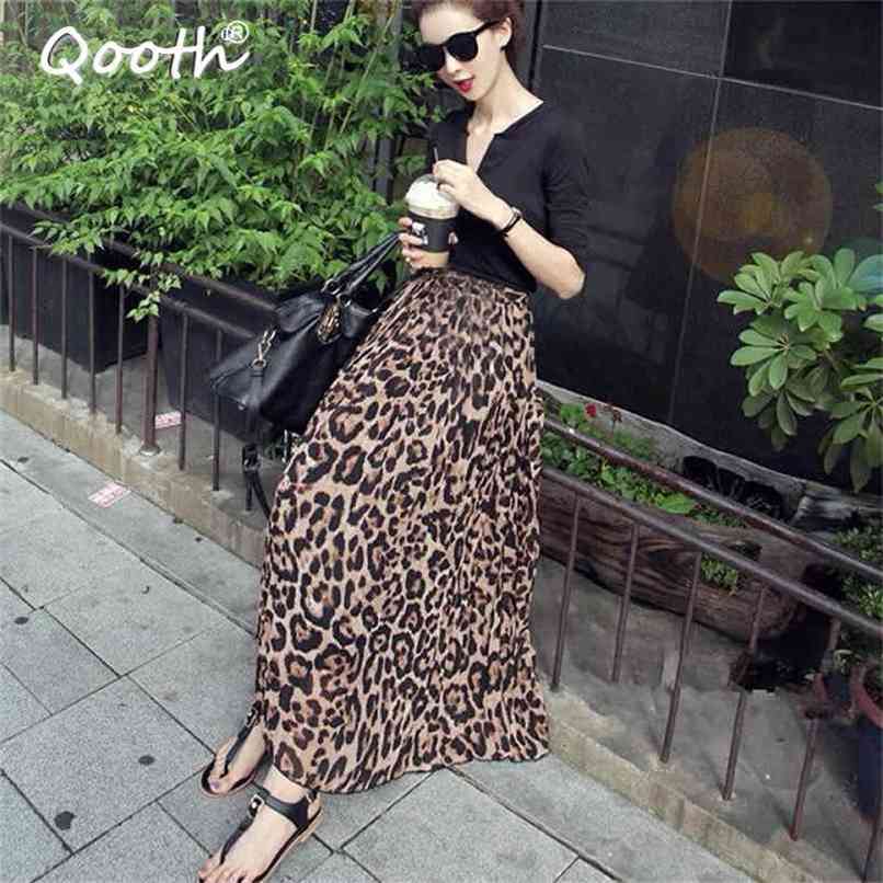 Qooth Summer Autumn Women Long Leopard Skirt Elastic Waist Chiffon Pleated s Casual Maxi Beach Printed DF650 210619