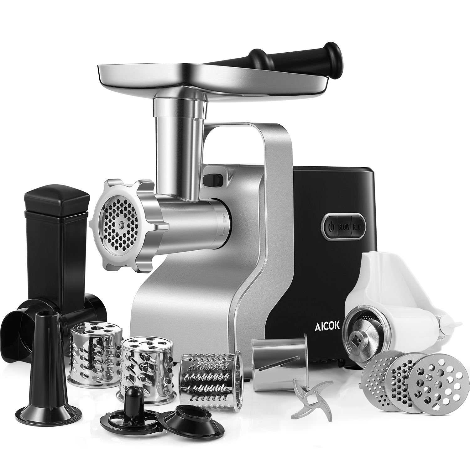 aicok electric meat grinder, 2500w max powerful 5-in-1 mincer with sausage stuffer, vegetable slicer, tomato juicer, kubbe kits, 3 stainless
aicok electric meat grinder, 2500w max powerful 5-in-1 mincer with sausage stuffer, vegetable slicer, tomato juicer, kubbe kits, 3 stainless