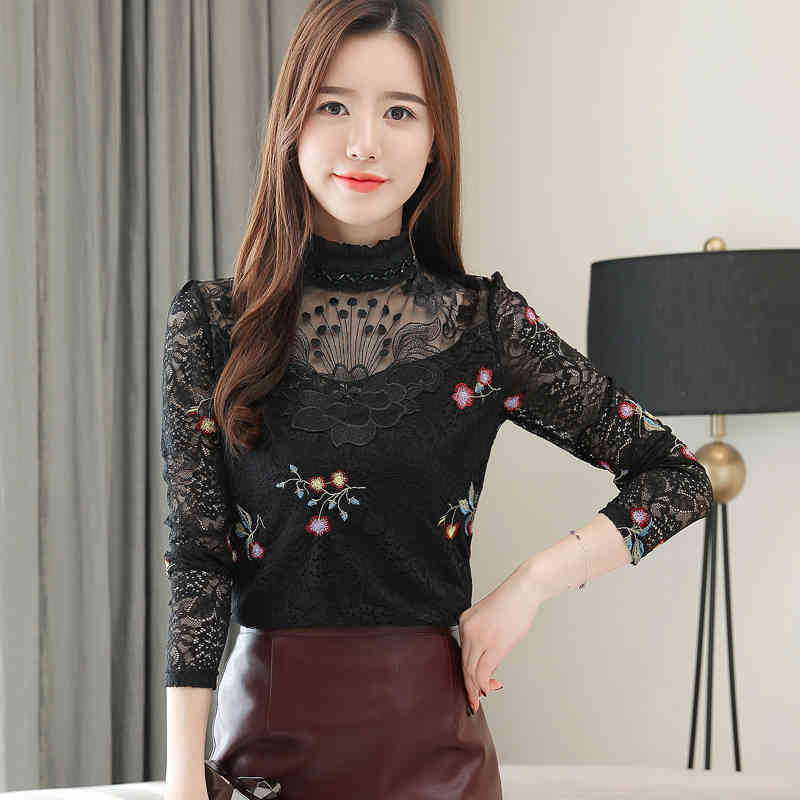 Autumn Fashion Lace Bottoming Women Shirts Slim Hollow Sexy Blouses and Tops Plus Size Female 6961 50 210510