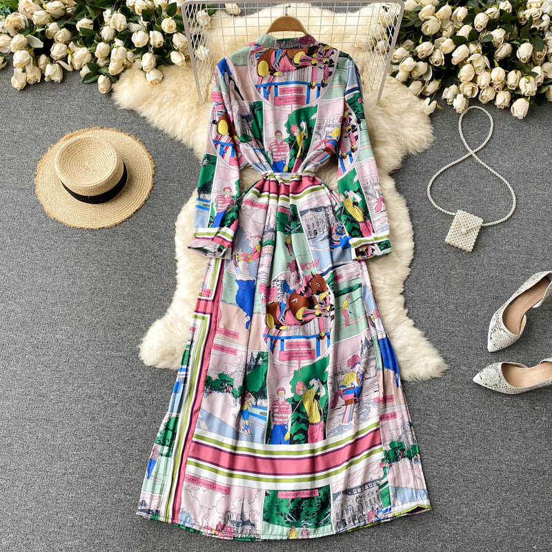 DEAT Women Pleated Printing Dress Stand Neck Long Sleeve Lady Temperament Fashion Spring Autumn 11D1684 210709
