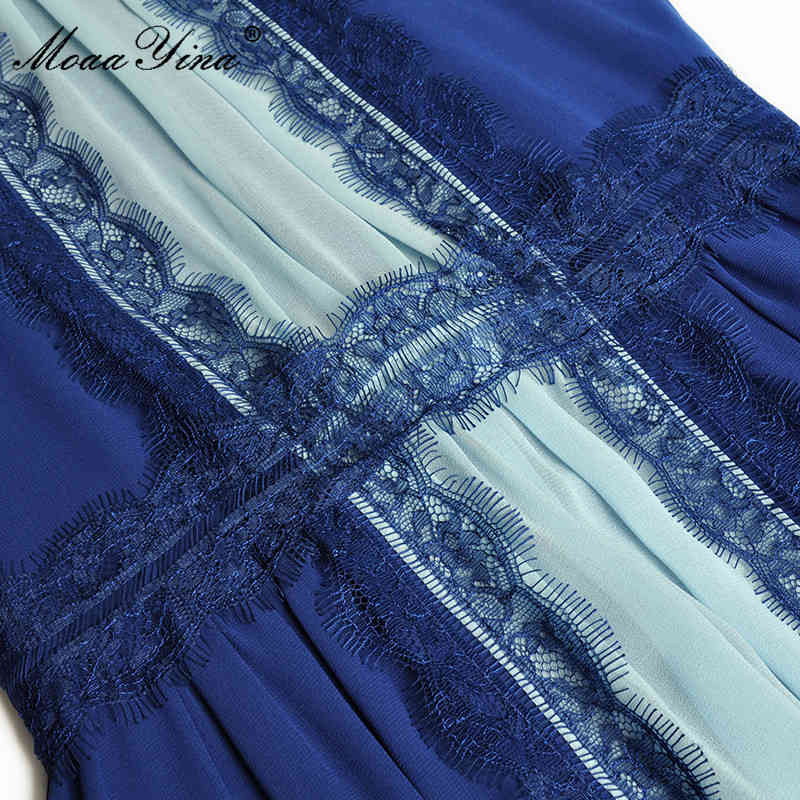 Fashion Runway Summer Splicing Chiffon Midi Dress Women Lace Short sleeve High waist A-Line Party 210524
