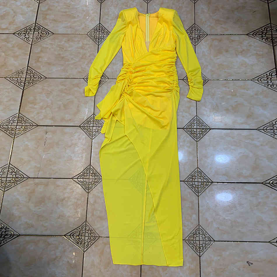Free Women's Sexy Marx Dress Yellow V-neck Long Sleeve Bodycon Split Pleated Lace-Up Club Party Vestidos 210524