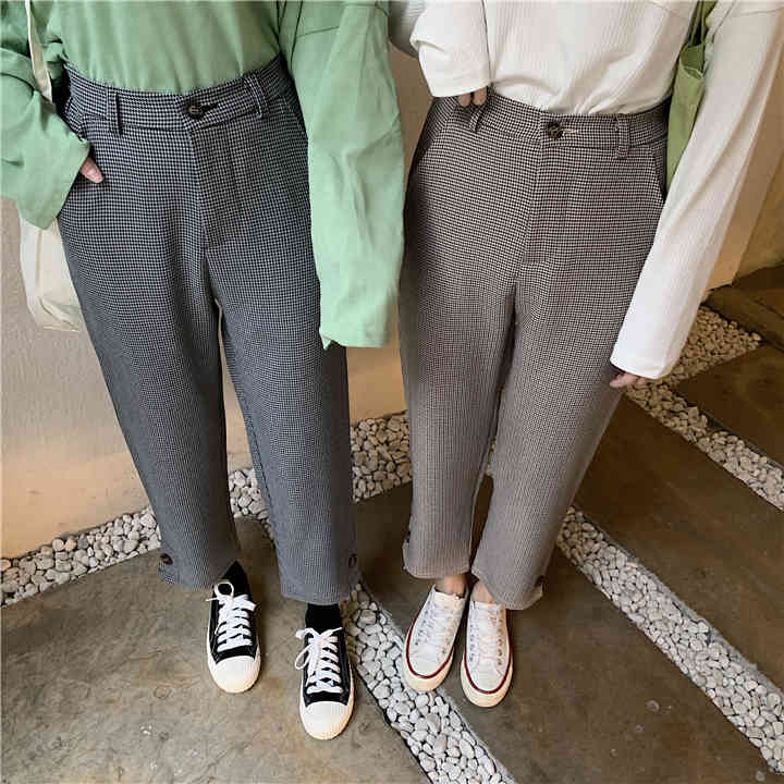 Plaid Women Harem Autumn High Waist Pockets Button Fly Fashion Ladies Ankle-Length Pants Casual Bottoms B06804K 210416