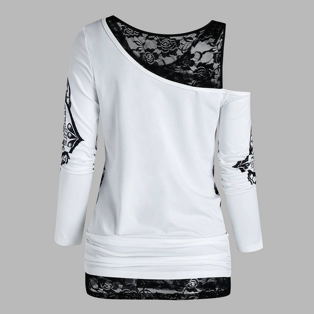 Gothic Casual Women T Shirts Skull Graphic Off Shoulder Two Piece Tee Sets Long Sleeve Spring Fashion Tops Female Clothes D30 210406