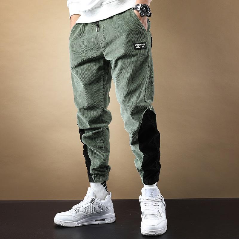 Corduroy Pants Men Fashion Patchwork Loose Joggers Black Elastic Waist Drawstring Trousers Men's