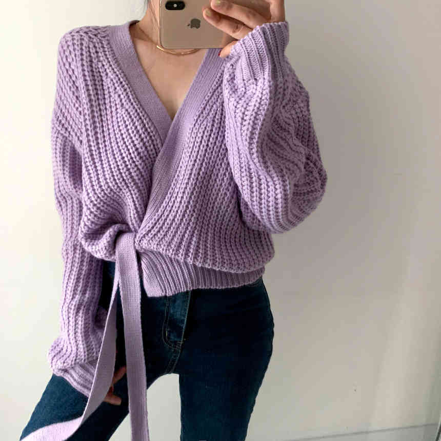 Comelsexy Autumn Winter Loose Women's Cardigans Sashes V-Neck Korean Style Stylish Knitted Chic Lady Sweaters Female 210515
