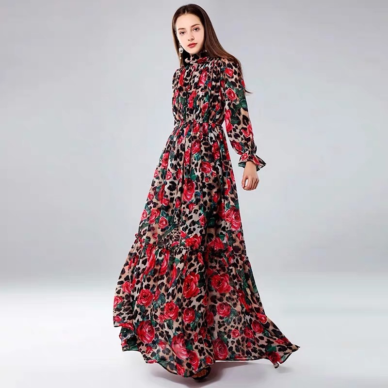 Spring Fashion Runway Maxi Dress Women's Long Sleeve Vintage Tiered Tulip Leopard Floral Printed vestidos 210421