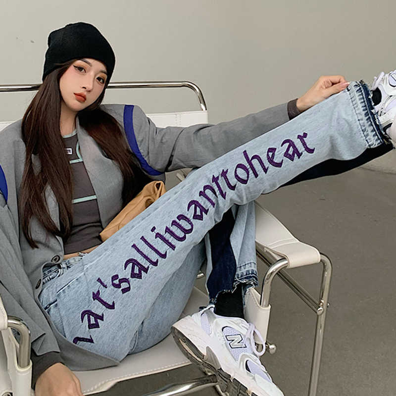 European Spring Autumn Denim Back Letters Embroidery Thin Loose Highwaisted Jeans Straight Pants Women Fashion Streetwear 210922