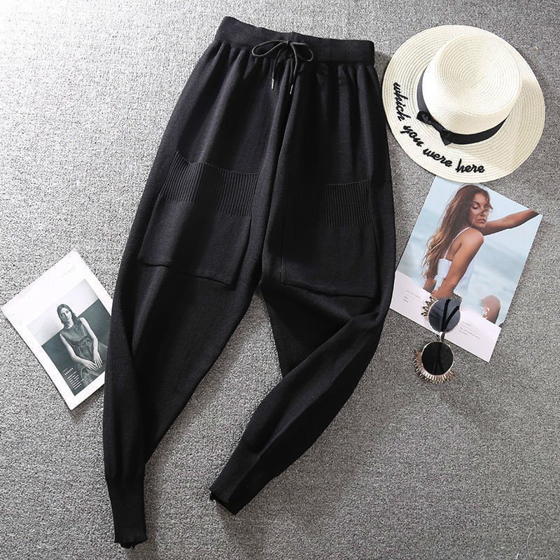 Nomikuma Autumn Korean Double Pockets Knitted Pants Lace Up High Waist Ankel Trousers Causal Women Sweater Pants 6D308 210427