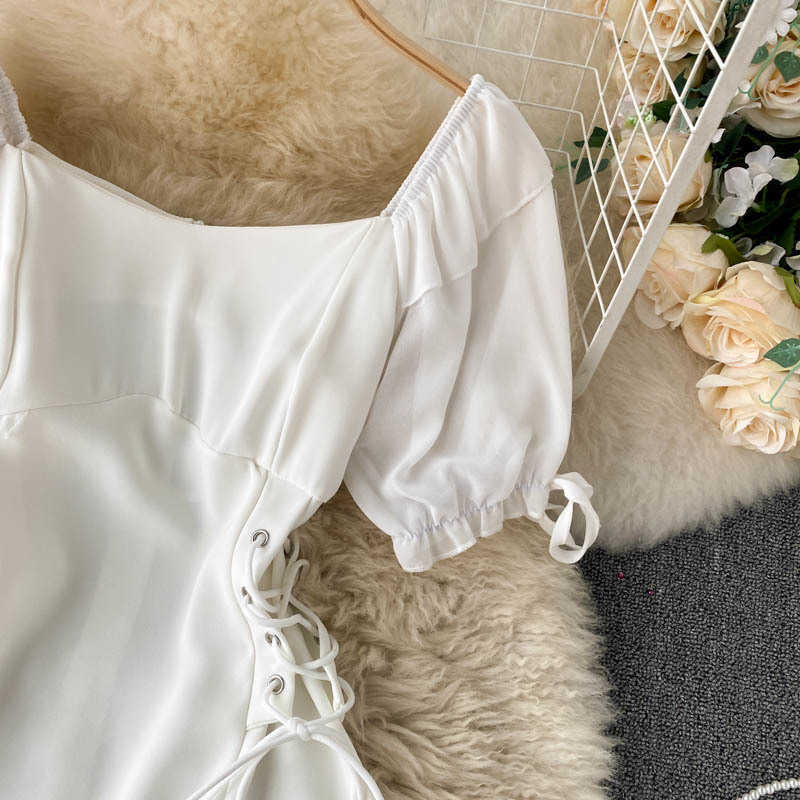 Sweet Bow-tied Short Sleeve White Mini Dress Women Elegant Summer Party Lace-up Bandage Slim A-line Female Everyday 210603