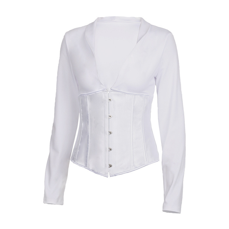 Women Blouse Long Sleeve Deep V Neck Shirts Patchwork White Slim Bamdage Fashion Ladies Tops Autumn 210513