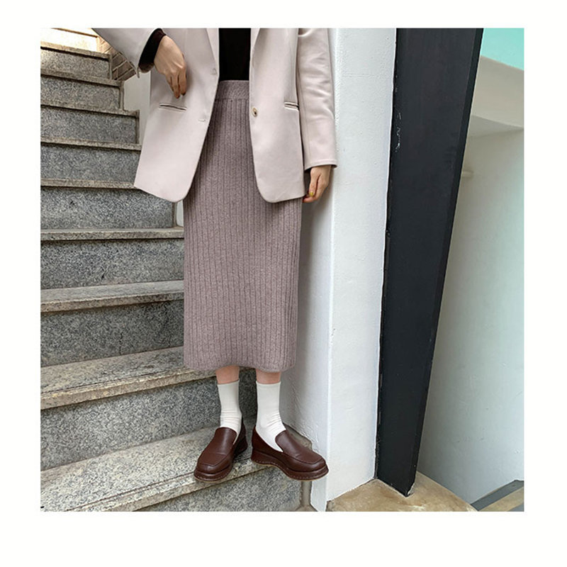 Stylish Vintage Sweet Winter Brief Elastic Waist Women High Quality Casual Slim Knitted Split Skirts 210421