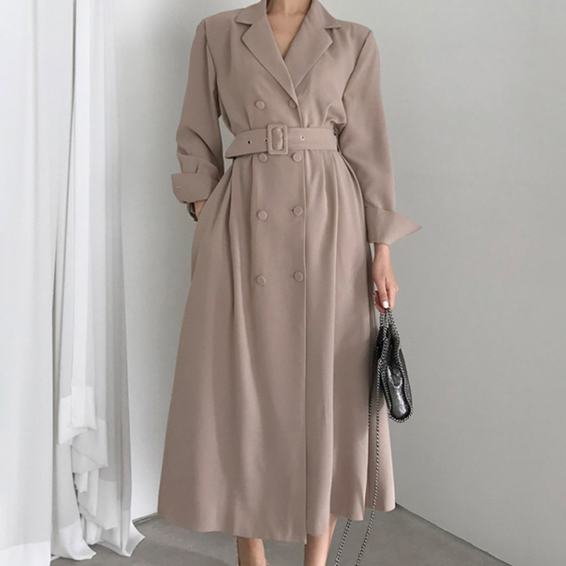 Minimalist Long Trench Coat Women Elegant OL Outwear Vintage Overcoat Suit Collar Double Breasted Windbreaker 210421
