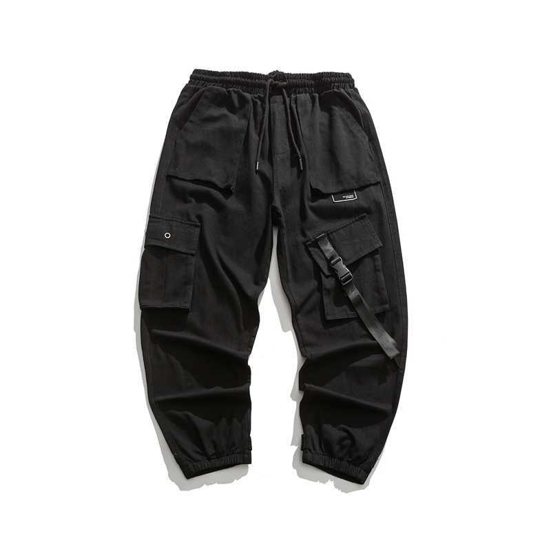Mens Cargo Pants Multi Pockets Japan Style Harajuku Cotton Outwear Fashion Straight Casual Trousers Male Adjustable Bottom 210603