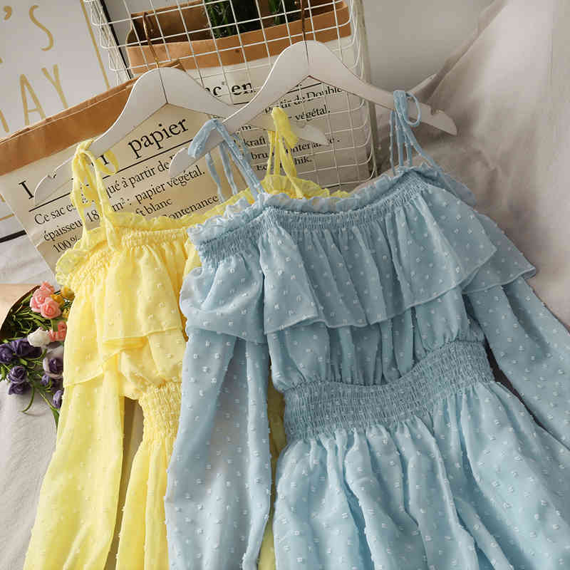 Sexy Fairy Strap Off Shoulder Ruffled Polka Dot Chiffon Dress Women Flare Sleeve Sweet Slim Waist Pleated Vestido Feminino 210429