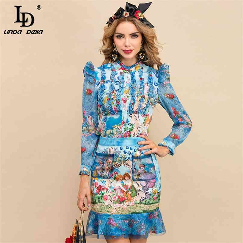 Autumn Fashion Runway Short Skirt Sets Women's Long sleeve Print Shirt and Slim Mermaid Skirts Two Piece Suit 210522